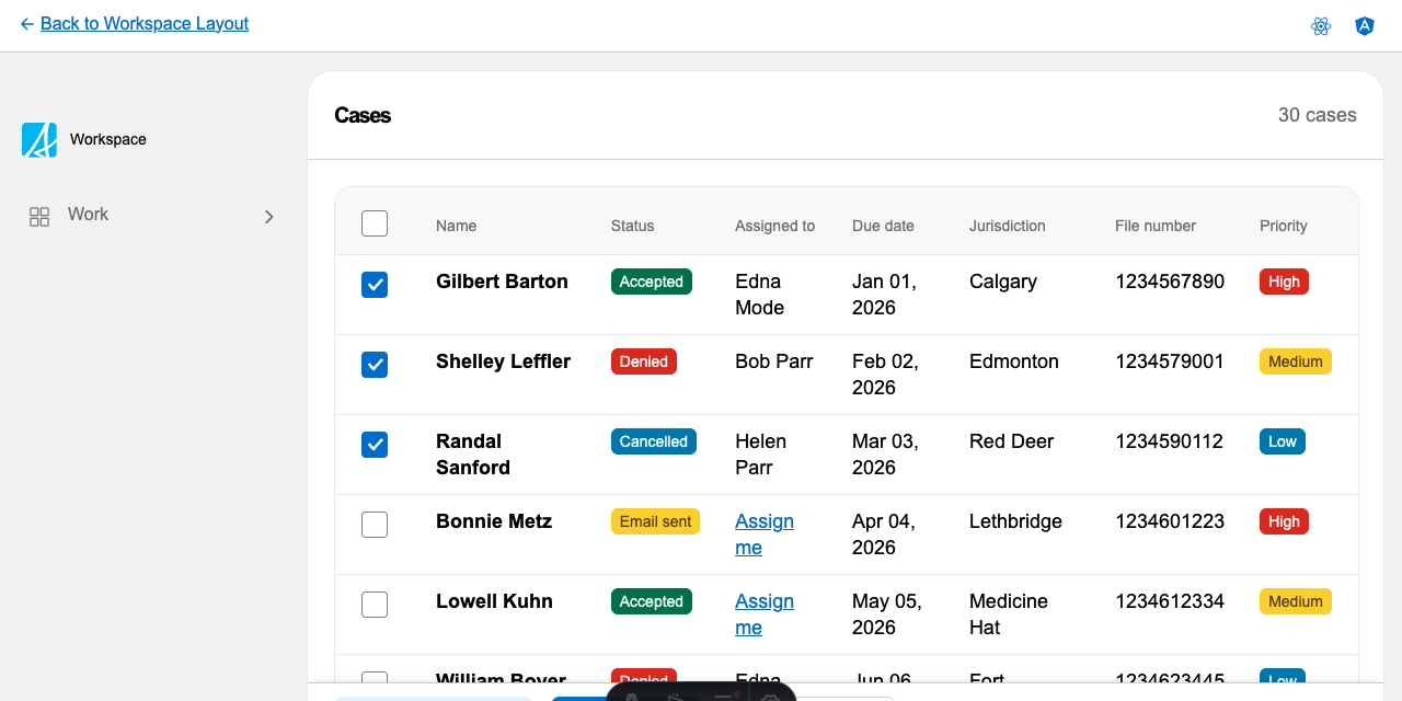 Workspace layout with bulk action bar preview