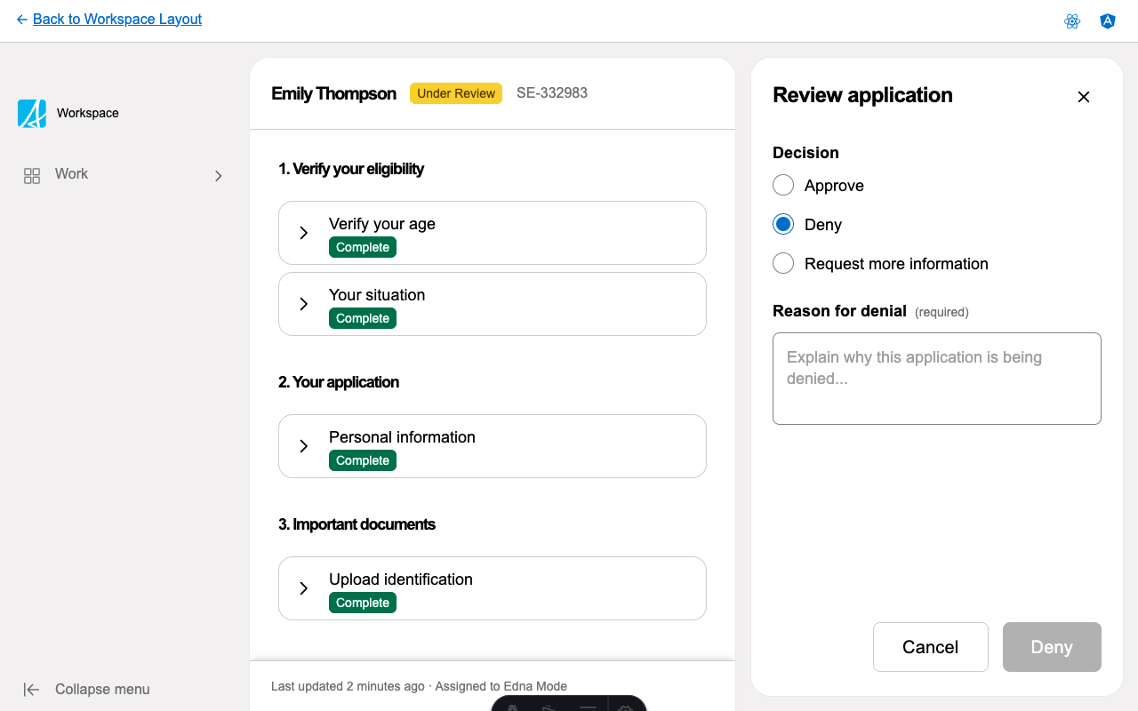 Workspace layout with push drawer preview