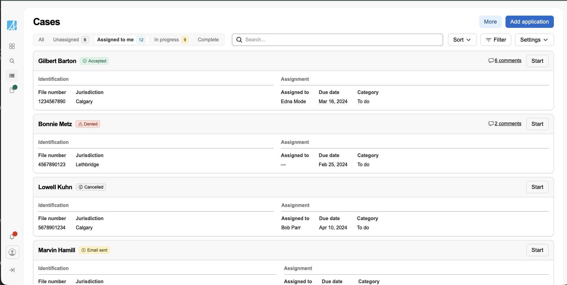 Card view of case files